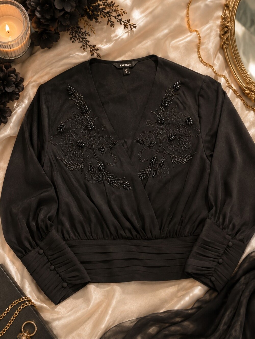 Express Black Beaded Embroidered Surplice Blouse Sheer Balloon Sleeve Top Medium